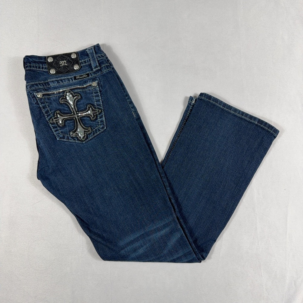 Miss Me Easy Boot Jeans Mid-Rise Dark Wash Embellished Thick Stitch Womens 30
